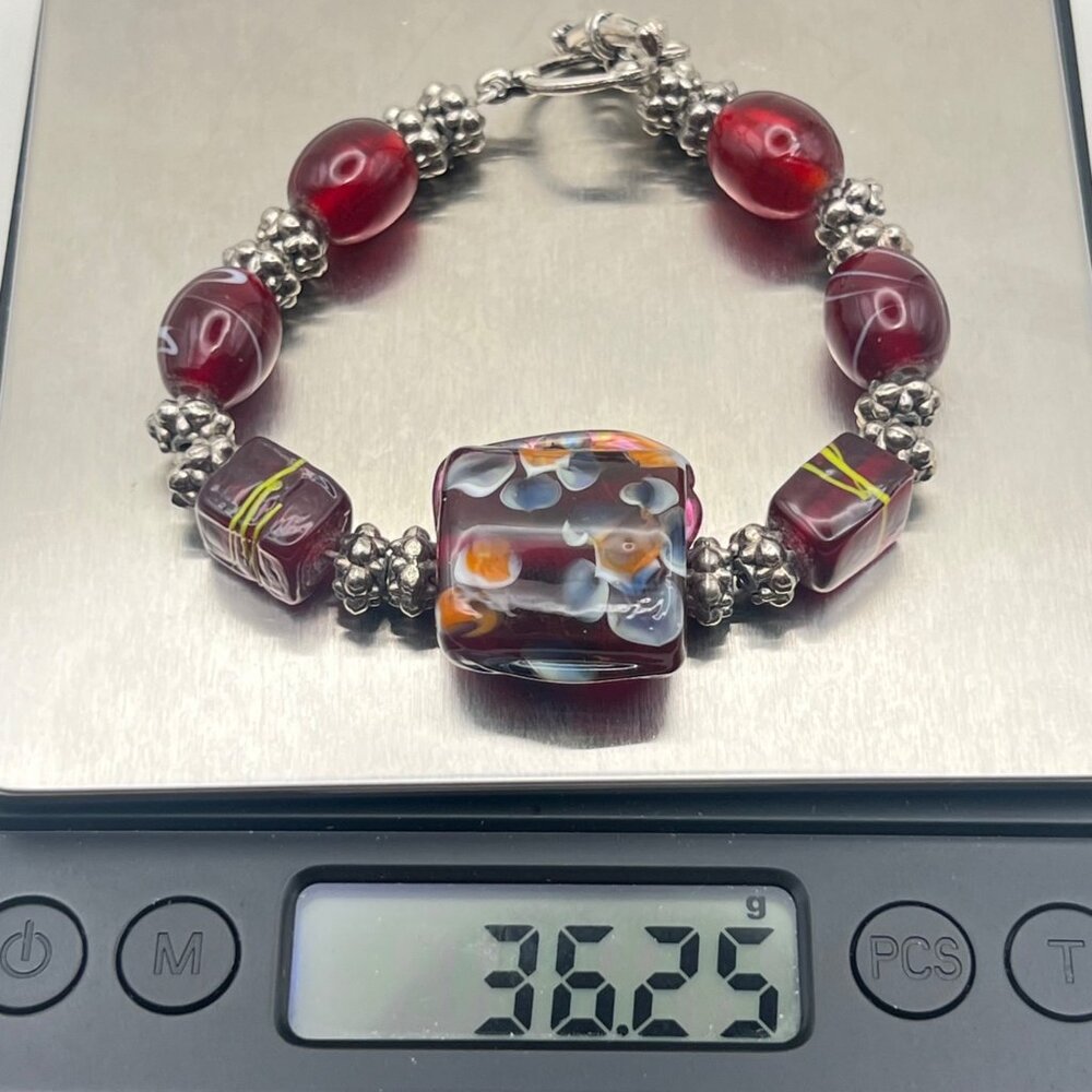 Handcrafted Glass Beads Bracelet Silver-Tone Accents Toggle Clasp Floral 6.25" - Picture 11 of 11